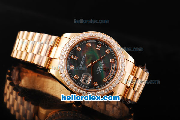 Rolex Day Date II Automatic Movement Full Rose Gold with Diamond Bezel-Diamond Markers and Black MOP Dial - Click Image to Close